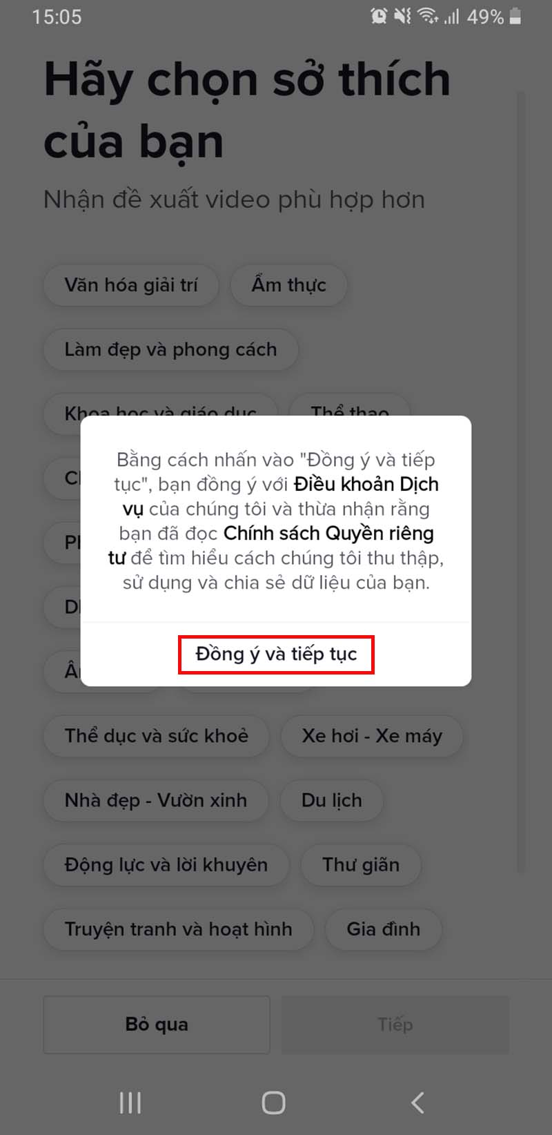Đồng ý với các điều khoản của tiktok