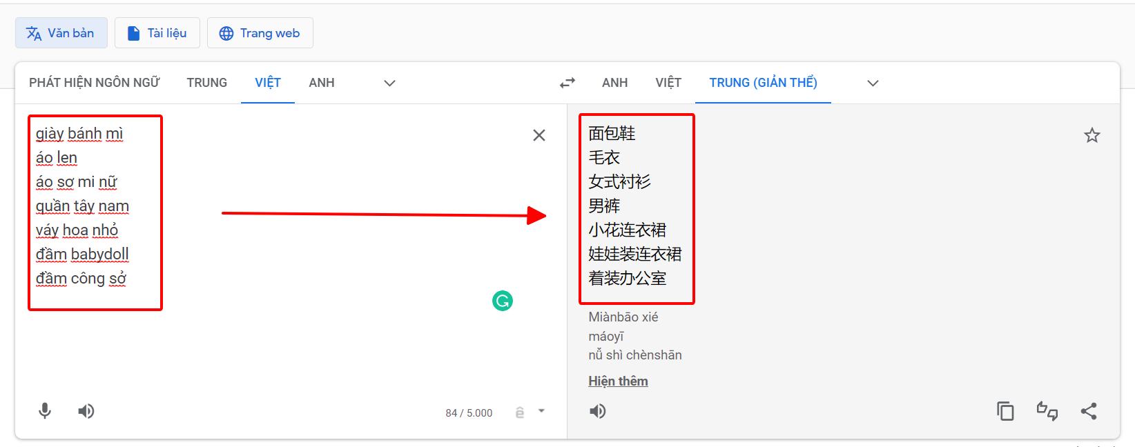 Dịch từ khóa tiếng Việt sang tiếng Trung