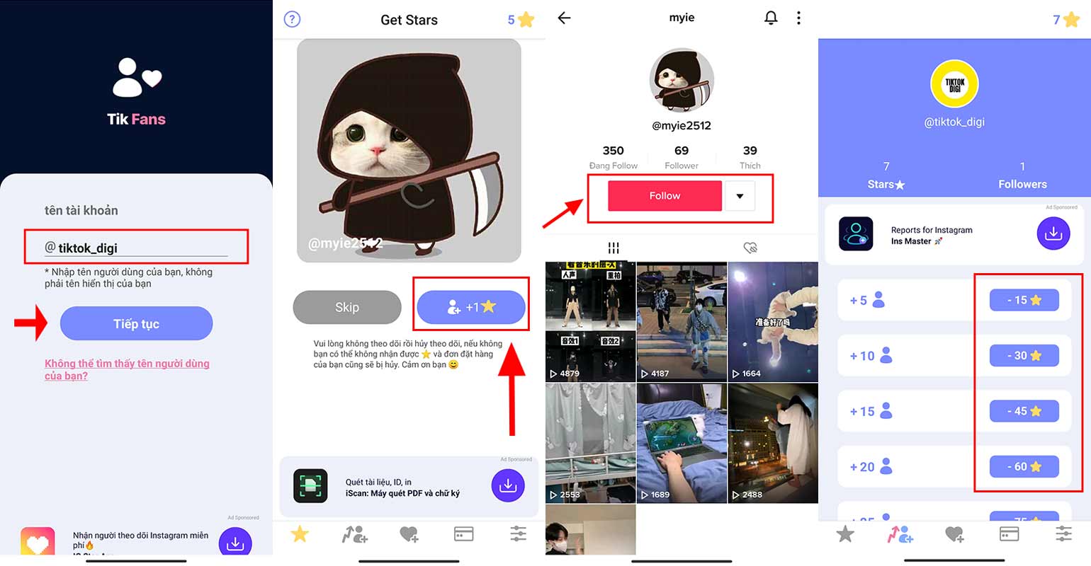 Sử dụng ứng dụng Tik Fans để trao đổi chéo follow